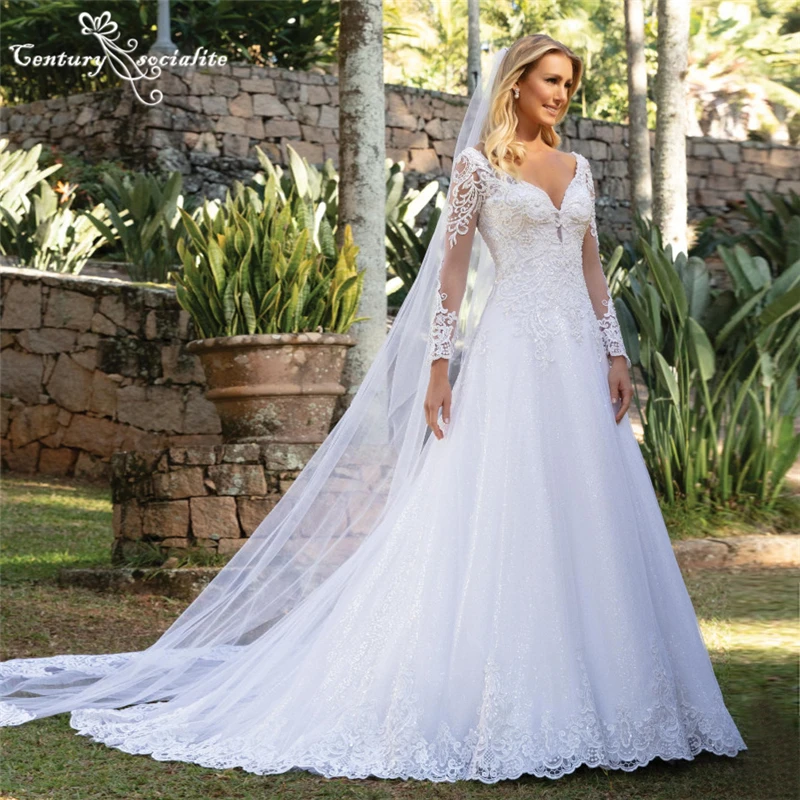 

Sparkle White Wedding Dresses Long Sleeve Beaded Lace Appliques V-Neck A-Line Princess Bridal Gowns Bride Dress Robe De Mariée