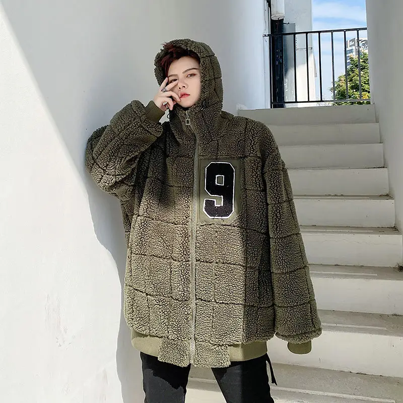 

Winter 2020 Men's New Lambs Wool Hooded Jacket Thickened Cotton Jacket Fashion Loose Long Sleeve Youth Casual Coat Size M-XL