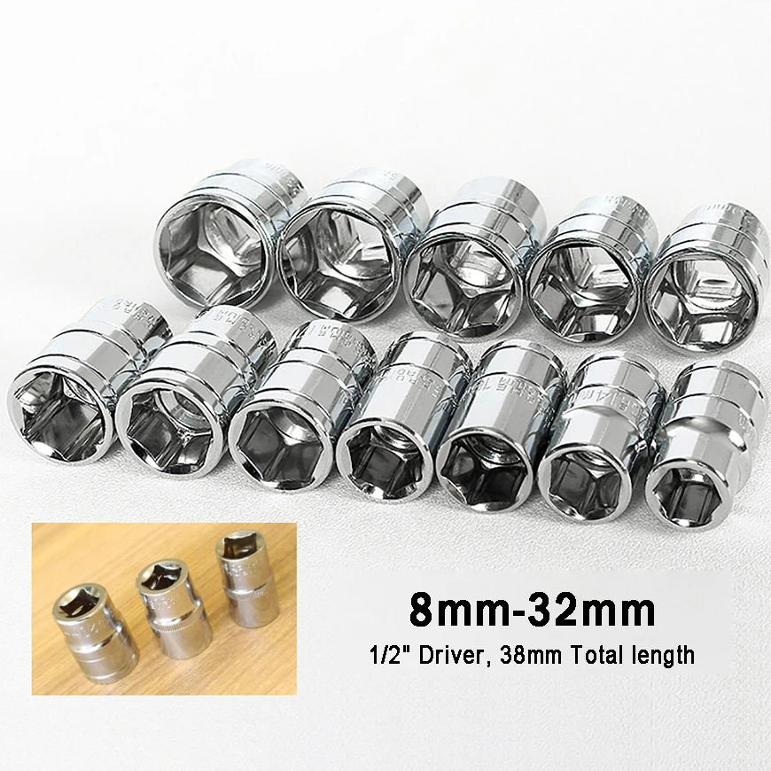 

1pcs Standard 1/2" Square Drive Socket 8mm - 32mm Socket Wrench Hex Nut Driver Screwdriver Socket Bits Adapter Car Repair Tool