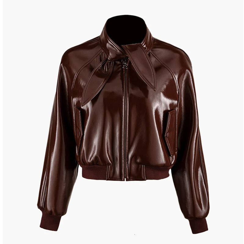 burgundy TWOTWINSTYLE повседневные Куртки из искусственной кожи для женщин водолазка фонарь с длинным рукавом на шнуровке пальто Женская мода одежда - Цвет: burgundy