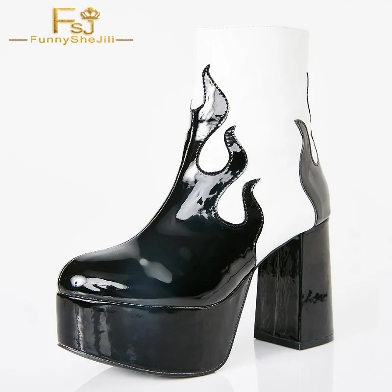 

FSJ Novelty Black and White Flame Platform Leather Chunky Heel Women Ankle Boots Fashion Zipper Round Toe Lady Party Botas 2021