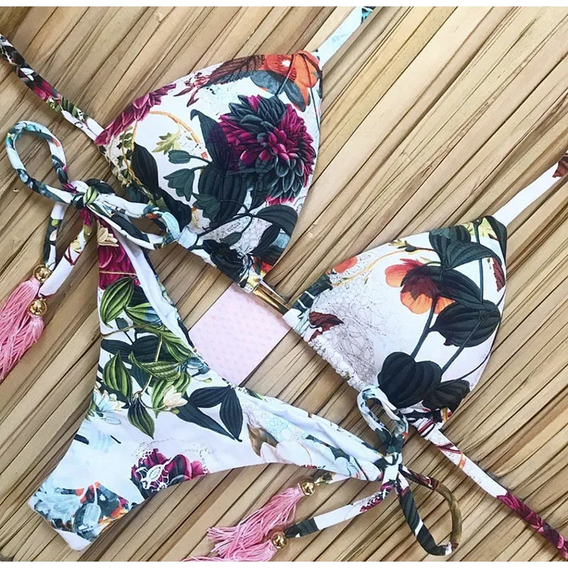 

2021 Bikini Set Women Swimwear Push Up Swimsuit Top Solid Bottom Print Brazilian Biquini Bathing Suit Swim Wear Beach