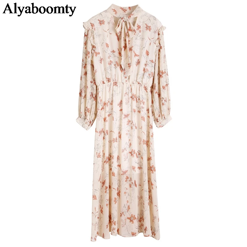 

Mori Girl Autumn Spring Women Floral Chiffon Dress Bow Collar Flowers Printed Elegant Korean Dress Pleated Sleeve Sweet Dresses