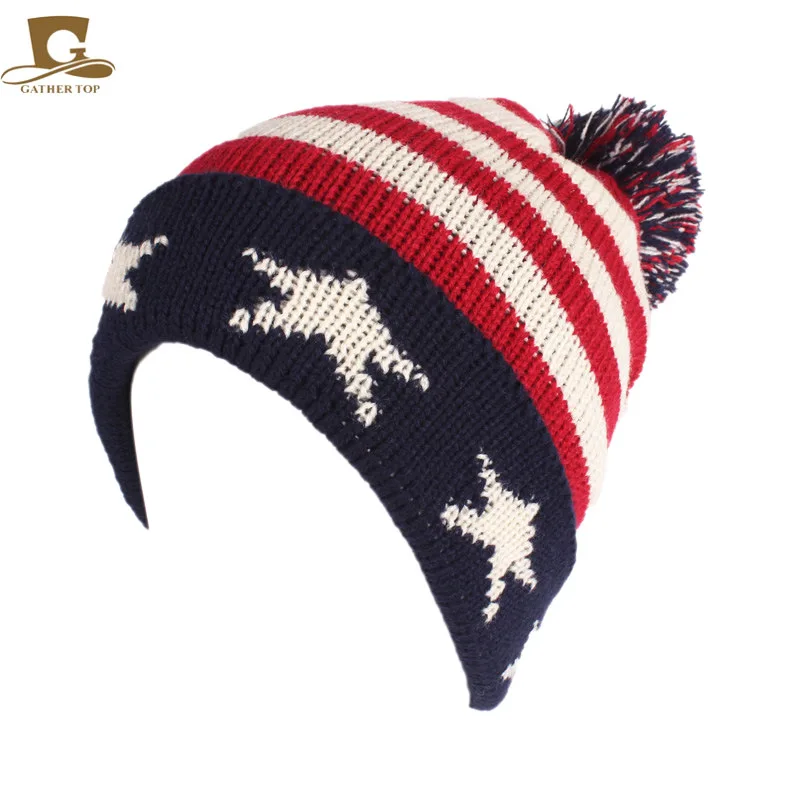 Зимняя вязаная шерстяная шапка с меховым помпоном и британским флагом Трампа США