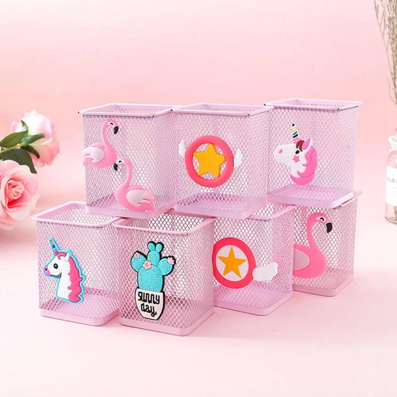 

2021 Pink Metal Pen Holder Office Organizer Cosmetic Square Pencil Pen Stand Holders Stationery Container Office School Supplies