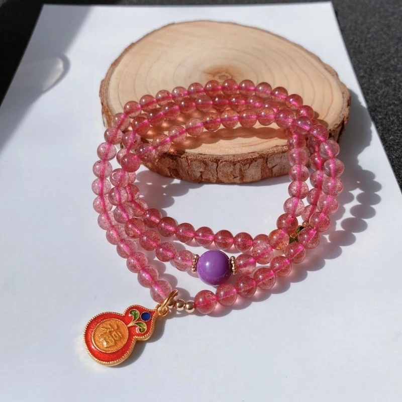 

1pc Genuine 5A Natural Rose Strawberry Quartz Crystal Bracelet Women Many laps Charm Stretch Bracelets peach blossom
