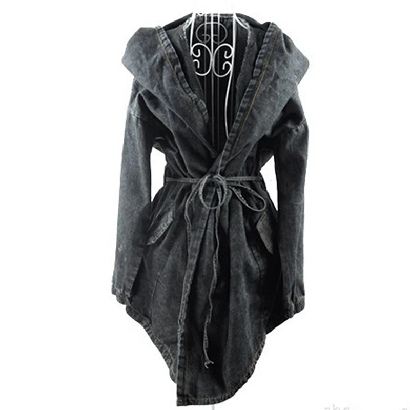 

Spring Autumn Women Loose Trench Women Fashion Denim Belt Waist Tight Trench Coat