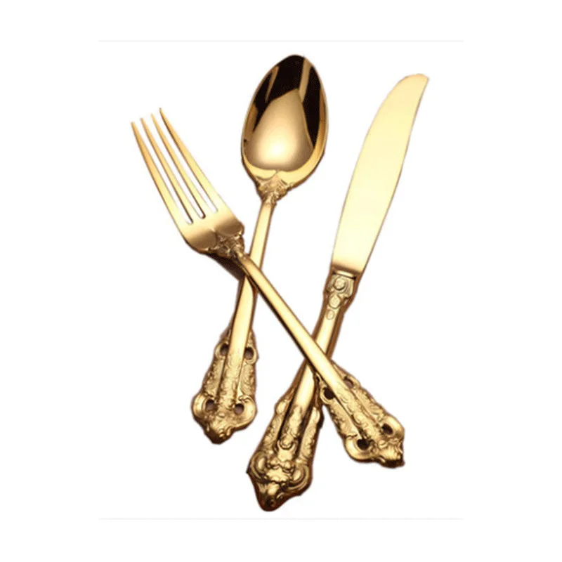 

Vintage Western Gold Plated Cutlery 24pcs Dining Knives Forks Teaspoons Set Golden Dinnerware Engraving Tableware Set WY72211