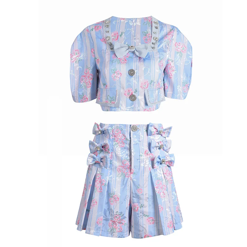 

Женский модельный комплект из двух предметов, Элегантный дизайнерский топ с пышными рукавами и бантом и мини-юбка в Корейском стиле, лето 2021