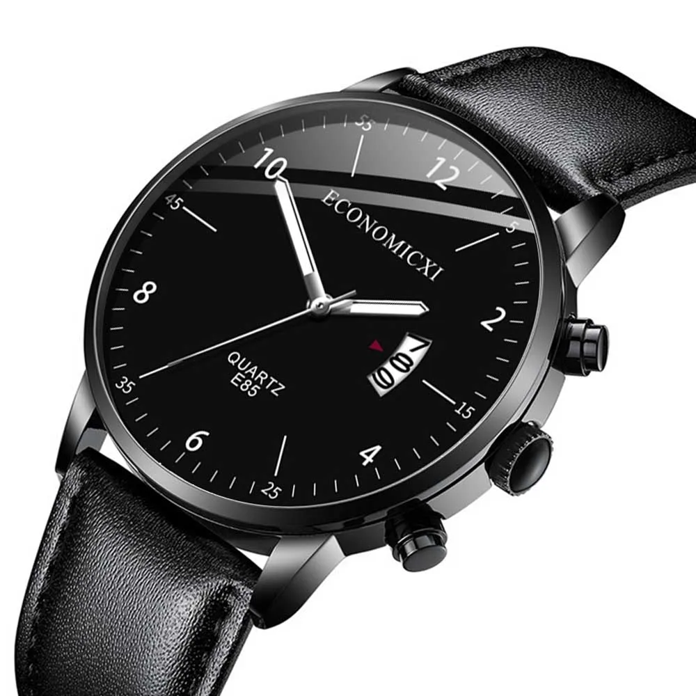 Горячая Распродажа модные повседневные наручные часы Новые мужские личность простые черные кожаные