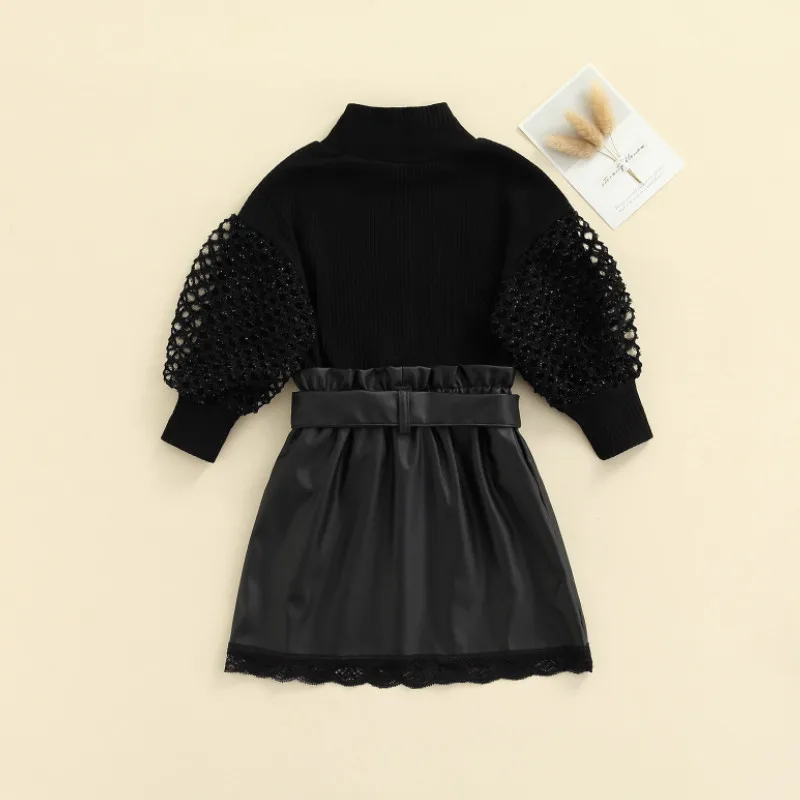 

Повседневная одежда для маленьких девочек 2 шт., однотонный пуловер с пышными рукавами и высоким воротником для девочек + кожаная юбка с пояс...