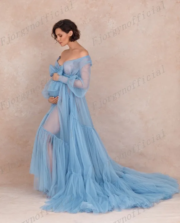 

Летние платья для беременных небесно-голубого цвета для фотосессии или трапециевидного силуэта, прозрачные длинные женские тюлевые халаты...