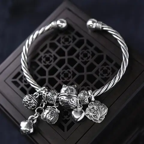 

Silver Bracelet Women's Sterling Silver Vintage 999 Ethnic Style Lucky Cat Multi-Pendant Stylish Opening Solid Twisted Wire Silv