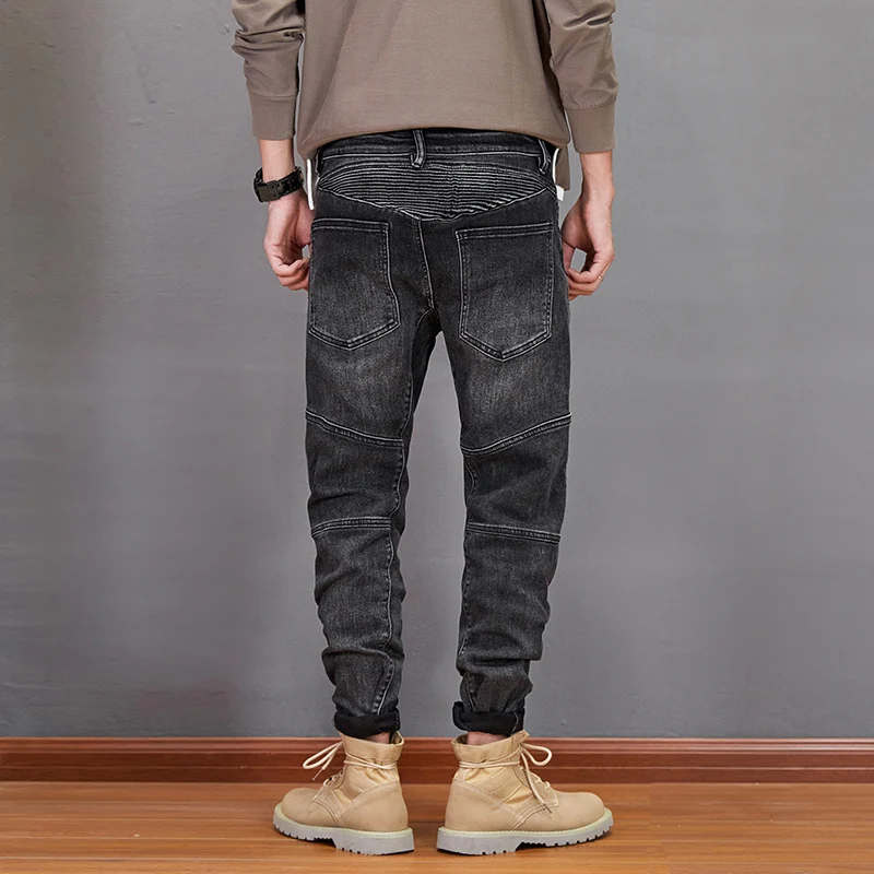American Street Style Fashion Men Jeans Retro Black Gray Elastic Slim Fit Spliced Designer Biker Jeans Men Hip Hop Denim Pants