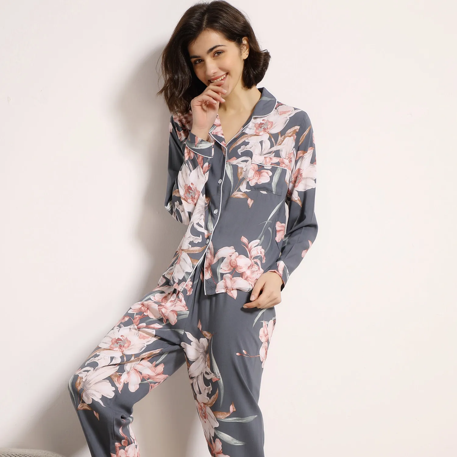

Algodo de manga comprida calas compridas mulheres pijamas definir para a primavera e vero outono confortvel cardigan topos senh