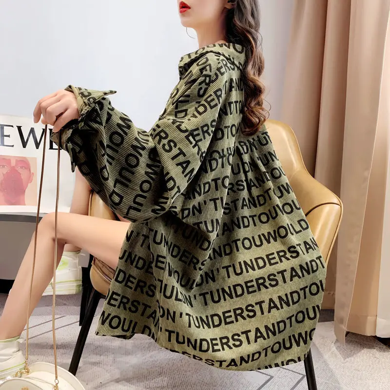 

Corduroy printed shirt coat 2021 spring new loose long shirt women