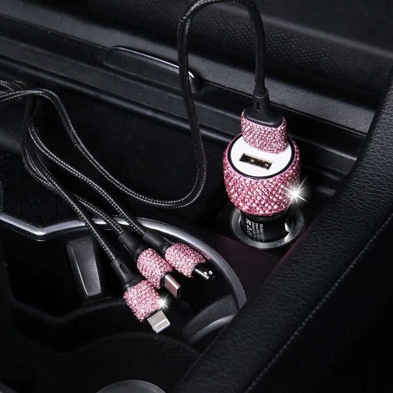 

Diamond 3 in 1 blingbling rhinestones charging cable car charger nylon cellphone date cable universal car mobile phone charger