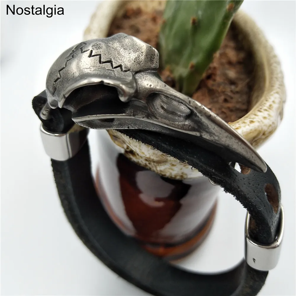 Viking Raven, нержавеющая сталь, Череп, ювелирное изделие, натуральная кожа, Браслет-манжета, Bangels, женские бразильские аксессуары Vikingo, Прямая поставка