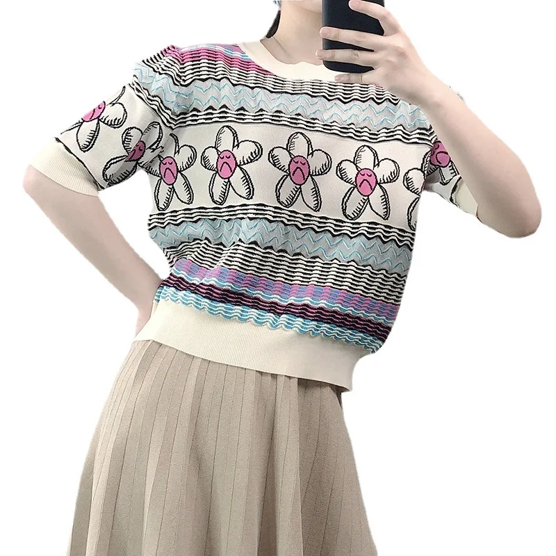 

2021 Summer New Slim Colorful Striped Ice Silk Knit T Shirt Kawaii Jacquard Short Sleeve Pullover Knitted T-shirt Tops for Women