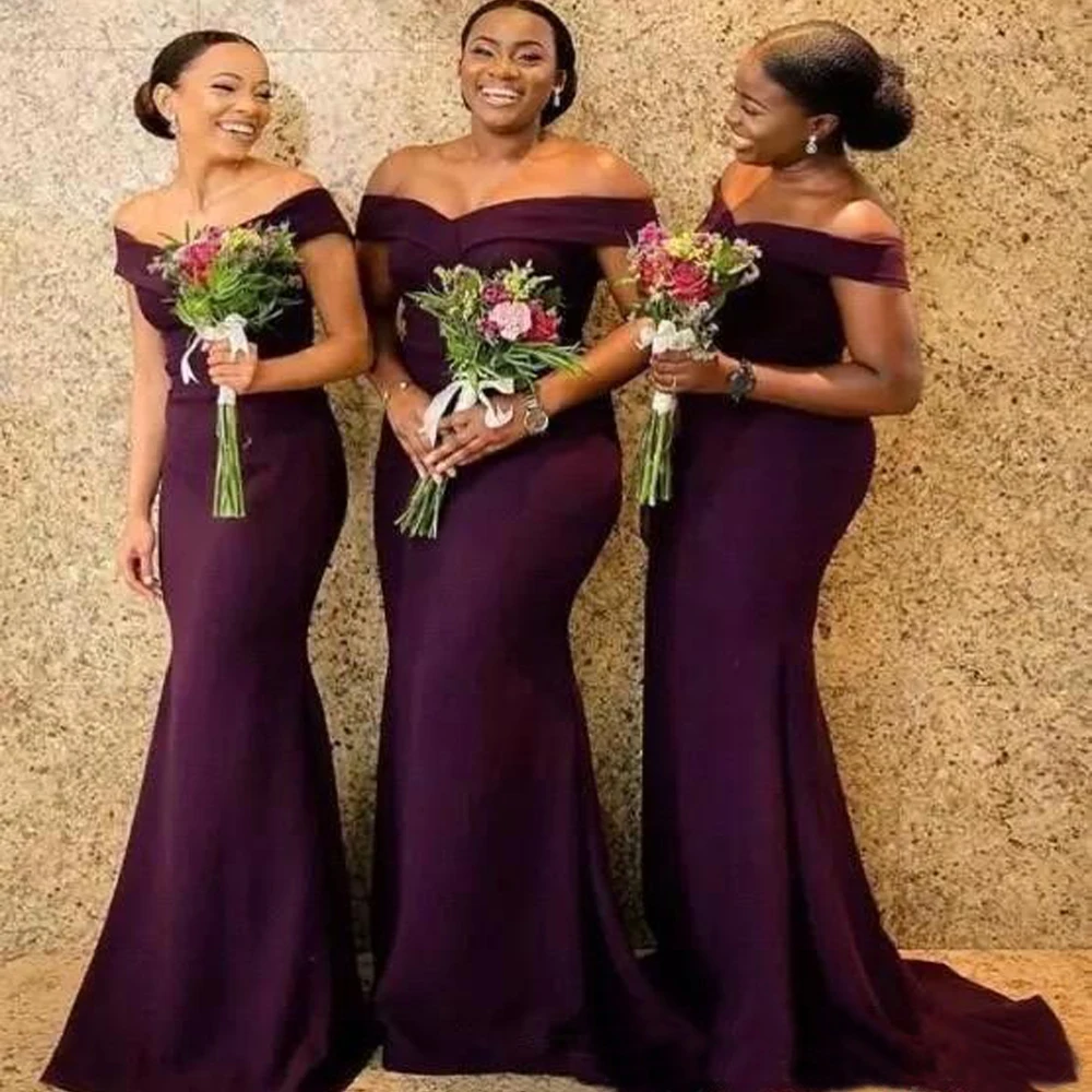 

Sexy Grape Country Mermaid Bridesmaids Dresses 2020 Long Off Shoulder Sweetheart Cheap Backless Sweep Train Wedding Guest Gowns