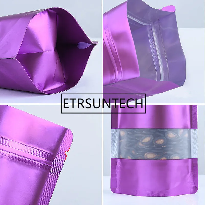 

1000pcs Purple Stand up aluminium foil bag with clear window plastic pouch zipper reclosable Food Storage Packaging Bag