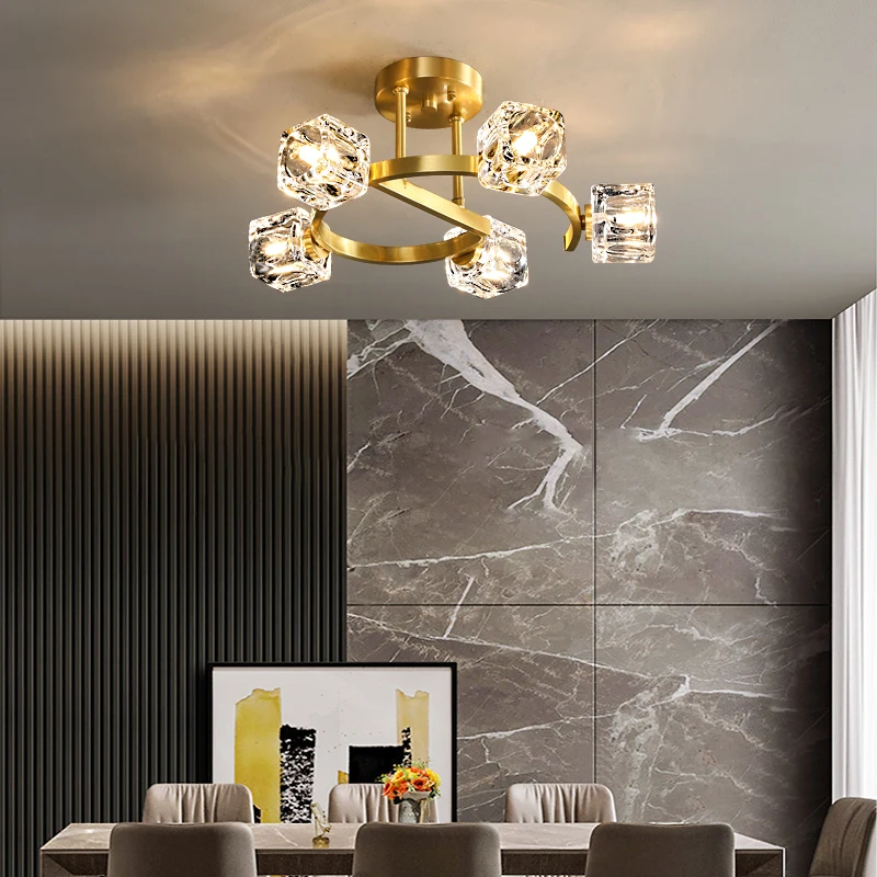 Jmzm Modern LED Chandelier Crystal Copper Pendant Lamp Square Luxury Hanging Lights For Living Room Dining Bedroom Lobby Villas
