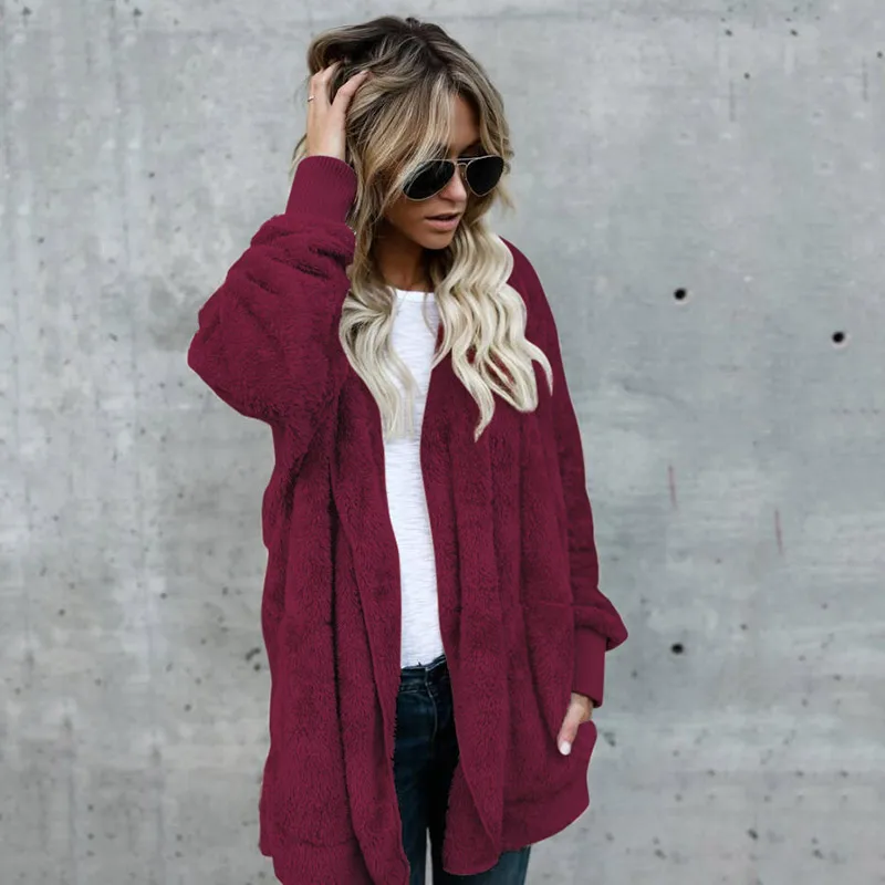 wine red Зимние пальто и куртки из искусственного меха для женщин, модный длинный кардиган с капюшоном, повседневные женские куртки размера плюс, женские пальто - Цвет: wine red