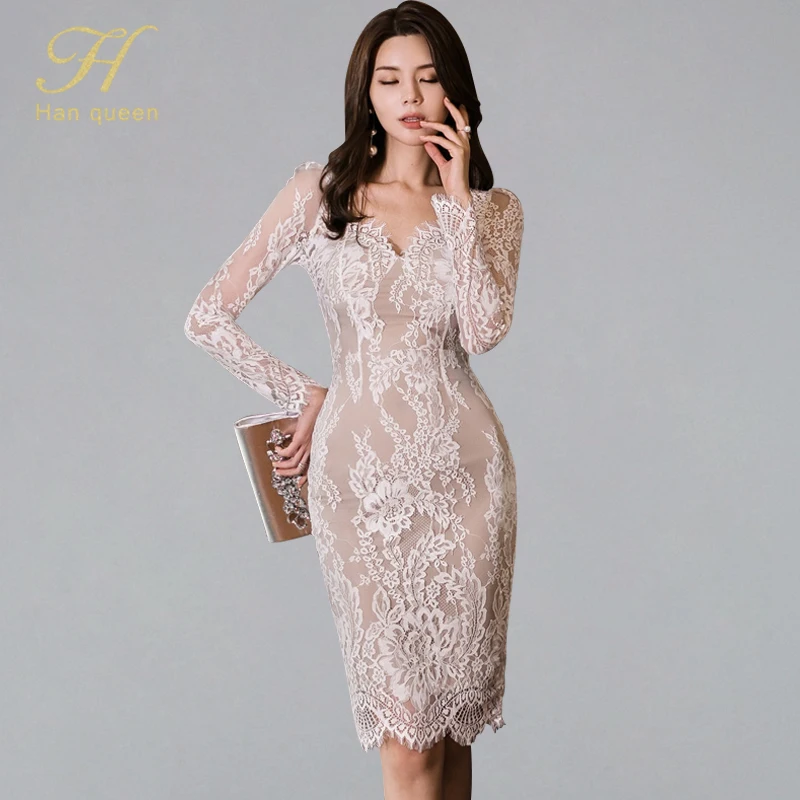 

H Han Queen Autumn Sexy Lace Patchwork Pencil Bodycon Dress Women Hollow Out See Through Sheath Dresses OL V-neck Work Vestidos
