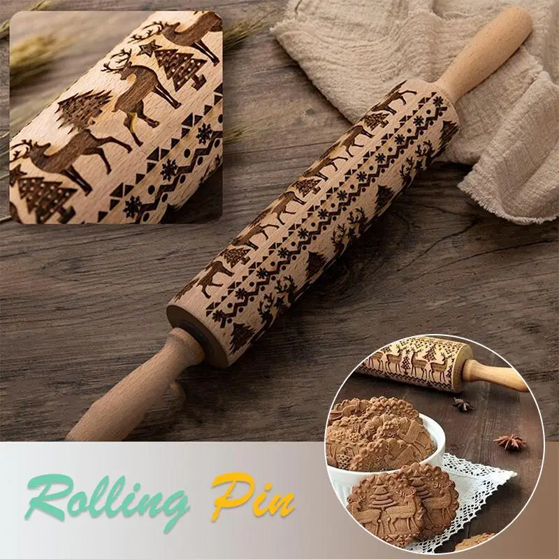 

Christmas Elk Embossing Rolling Pin 30cm Baking Cookies Noodle Biscuit Fondant Cake Dough Engraved Roller Reindeer Snowflake