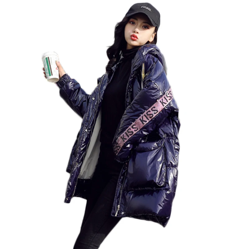 Женская Блестящая куртка пуховик с капюшоном теплая свободная парка на белом