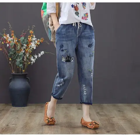Spring/Summer 2020 Latest Elastic Waist Cropped Jeans Women's Loose Hole High Waist Embroidered Large Size Harem Pants