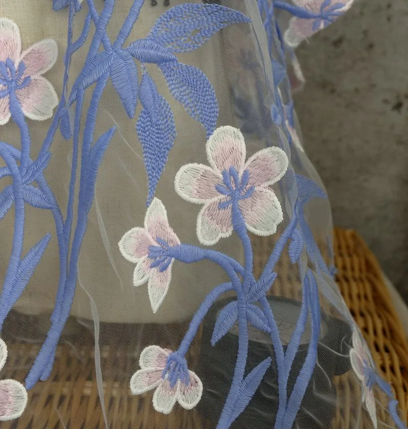 

Delicate Embroidered Mesh Lace Fabric With Light Blue And Pink Dresses Making For Wedding Dress DIY Accessories by the yard