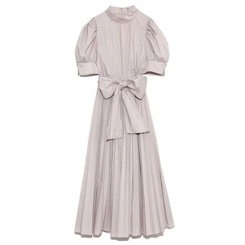 

Sweet Puff Sleeve Woman Dress 2021 Spring Summer High Waist Robe Stand Collar Elegant Chic Drawstring Bow Vestidos Japan Style