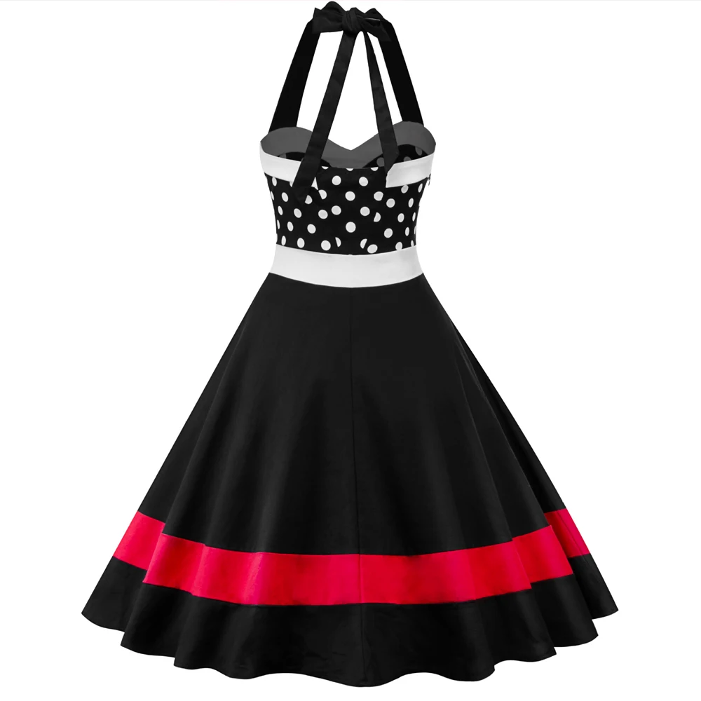 Женское винтажное платье в горошек Черное и красное с лямкой на шее модель 60s 50s