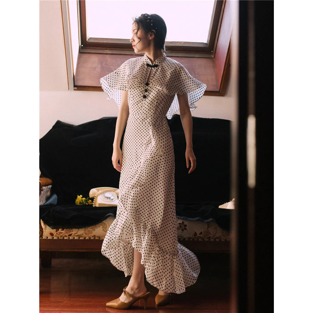 Подиумное шифоновое платье длинное с оборками дамский плащ рукав в горошек