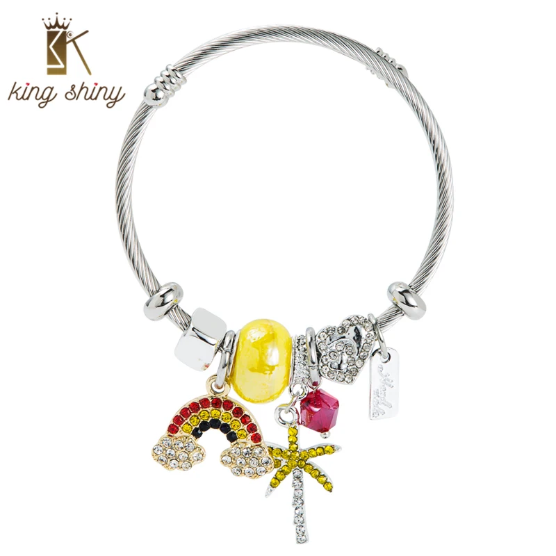 

King Shiny Vintage Bohemian Crystal Rainbow Cuff Bangle Luxury Heart Shape DIY Stainless Steel Open Bracelet Girls Birthday Gift