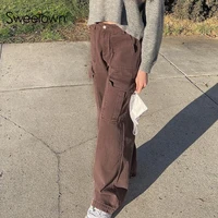 sweetown vintage new baggy wide leg jeans woman brown fashion 2021 womens denim pants mid waist cargo pants streetwear capris