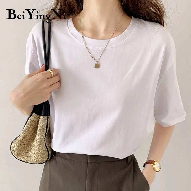 

Beiyingni Summer Pure Cotton Short Sleeve Base Tops Tshirts Women Slim Harajuku Korean White Tees Tops O-neck T Shirts Woman Top