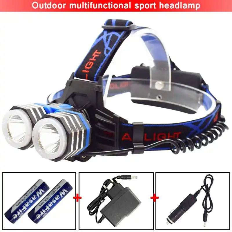 

Powerful 2* XML T6 Headlamp 2000 Lumens Dual Head Lamp Torch 3 Modes Waterproof Rechargeable Headlight 18650 Forehead Flashlight