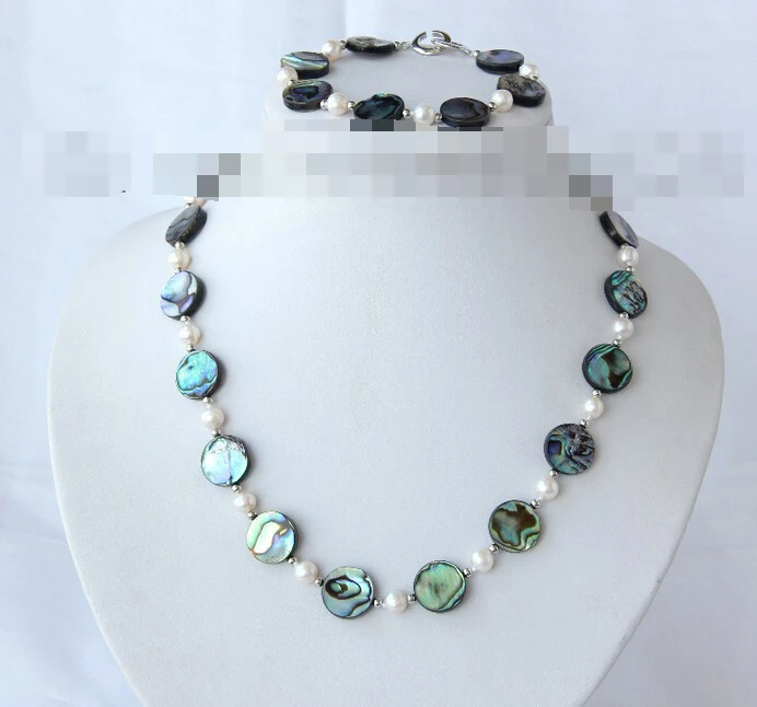 free shipping 12601 round coin green abalone shell white pearl necklace bracelet set (A0423) | Украшения и аксессуары