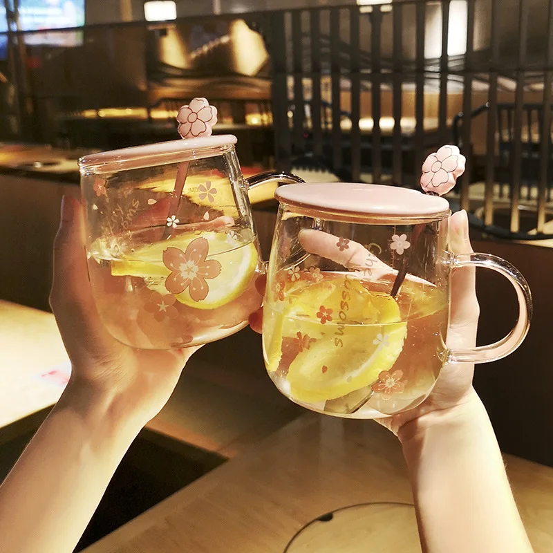 500 мл Сакура стеклянная кружка с крышкой вишневая чашка цветок чайная прозрачное