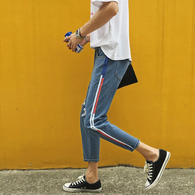 

spring autumn 2021 Fashion Casual Denim teenagers street new striped ripped jeans male Korean youth beam cropped trousers