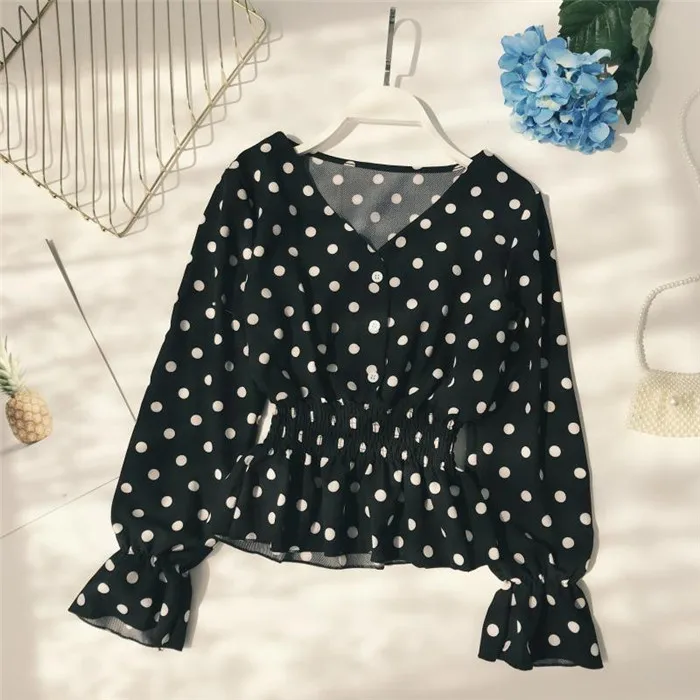 Весна Boho шикарные топы женские корейские элегантные шифоновые блузки с v-образным вырезом и длинным рукавом Розовые/черные рубашки в горошек Женские