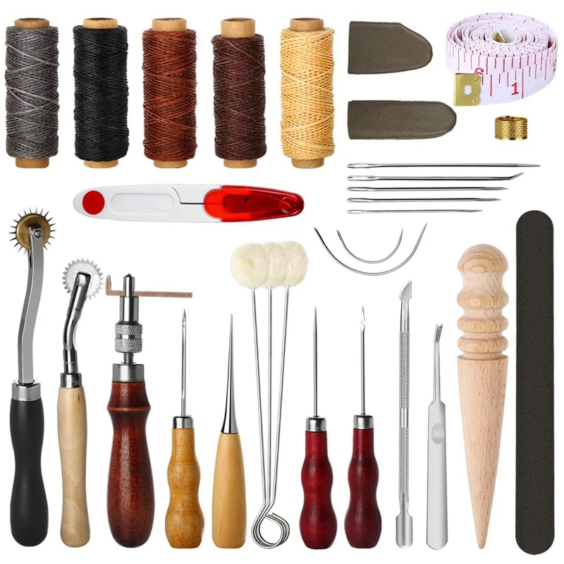 

SHGO HOT-31 Pcs Leather Sewing Tools Diy Leather Craft Tools Hand Stitching Tool Set With Groover Awl Waxed Thread Thimble Kit