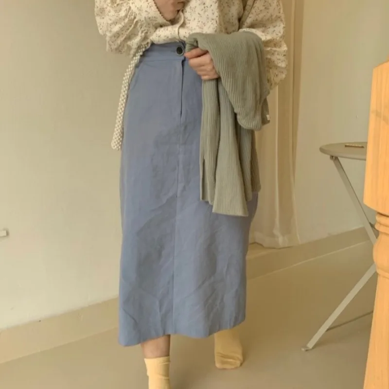 

Весна 2022, новая Корейская шикарная юбка средней и длинной длины, тонкая и туманная синяя юбка с высокой талией в стиле ретро для женщин