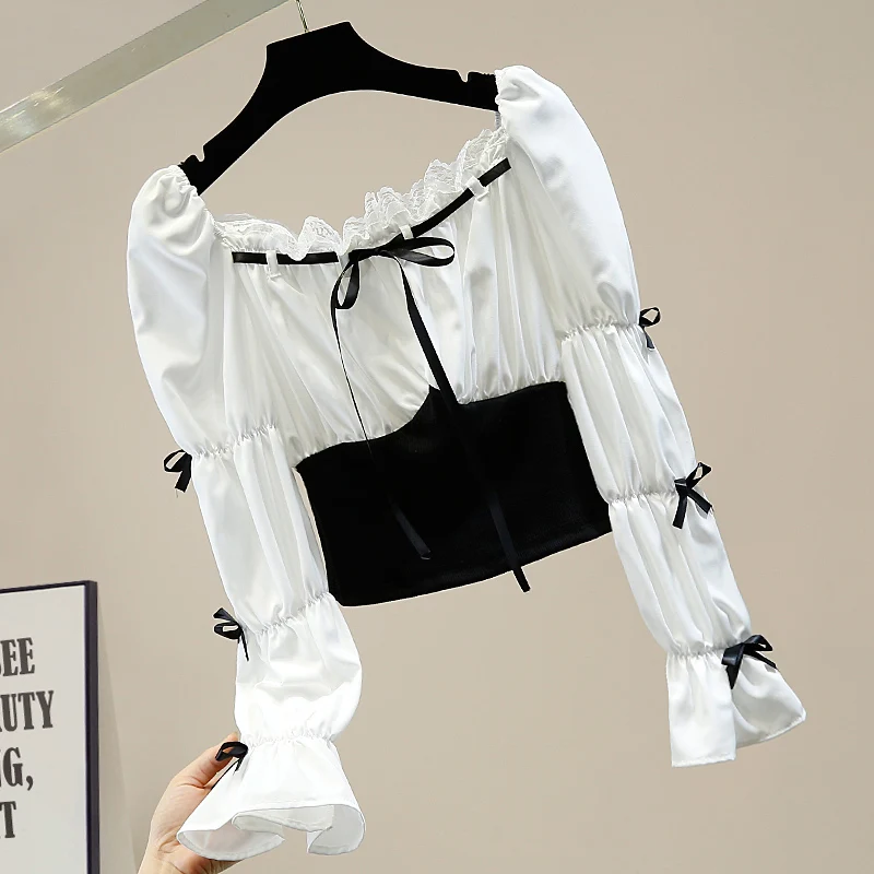 

Women Sexy Slash Neck Off-Shoulder Blouse Bow Puff Sleeve Lace Stitching Short Slim Contrast Color Shirt Casual Lady Tops Blusa