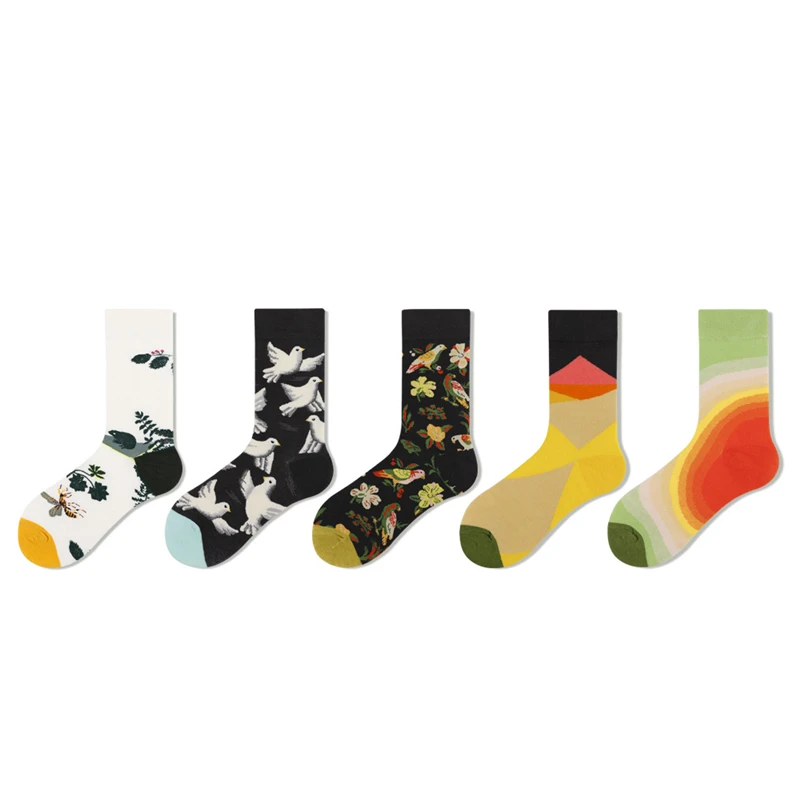 

5 Pairs Colorful Happy Socks Women Harajuku Elasticity Cotton Cartoon Graffiti Art Plaid Plant Animal Flowers Men Street Trend
