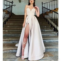 champagne prom dresses 2022 sweetheart a line satin high slit evening party dress with pockets long prom gown vestidos de gala