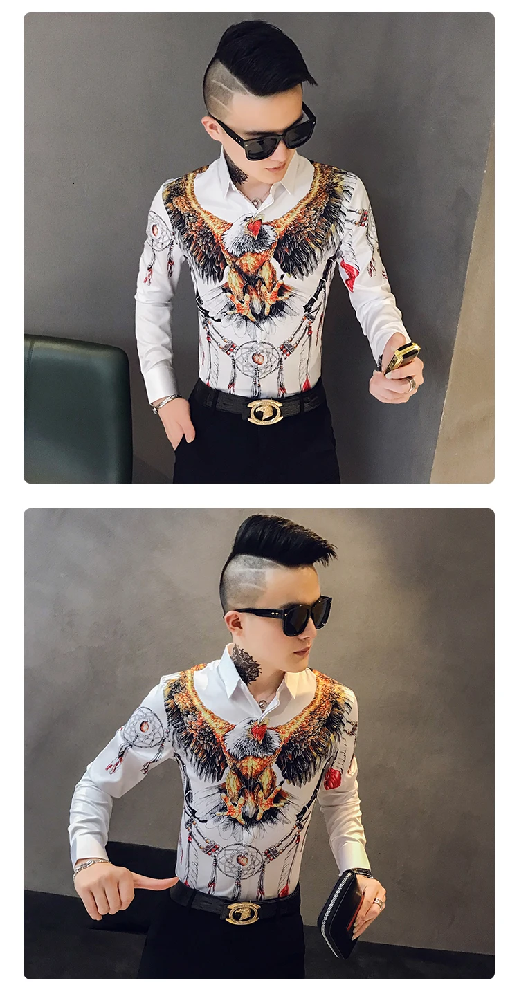 Осенняя мужская Модная приталенная рубашка с коротким рукавом Camisa Masculina, Повседневная Уличная Мужская рубашка с принтом орла