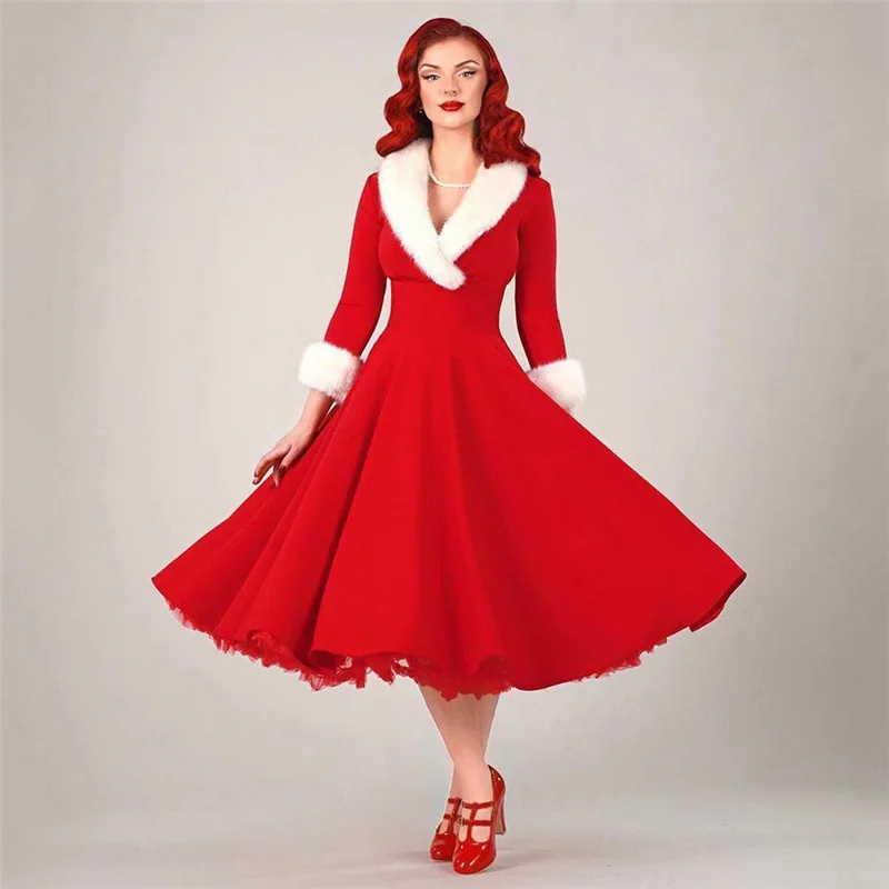 Женское платье с длинным рукавом Красное Вечернее приталенное V-образным вырезом